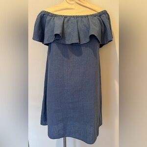 Madewell Women’s Blue Denim Off Shoulder Ruffle Linen Blend Dress Size Medium